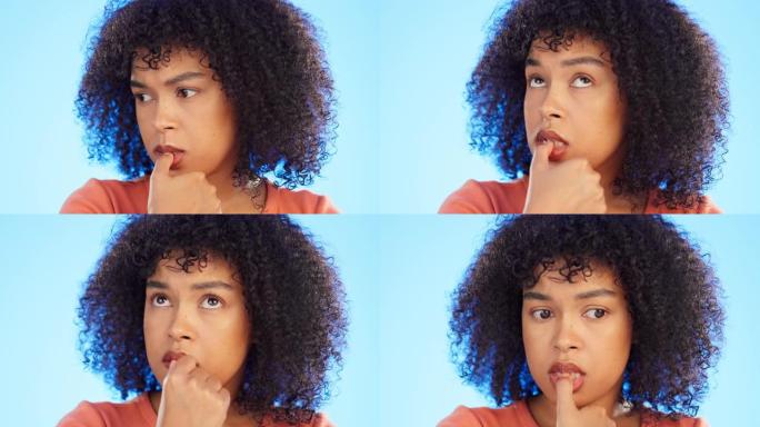 黑人妇女咬指甲，焦虑和恐惧与脸，精神卫生和神经孤立在蓝色背景。女性害怕，在工作室里思考危机或压力和担