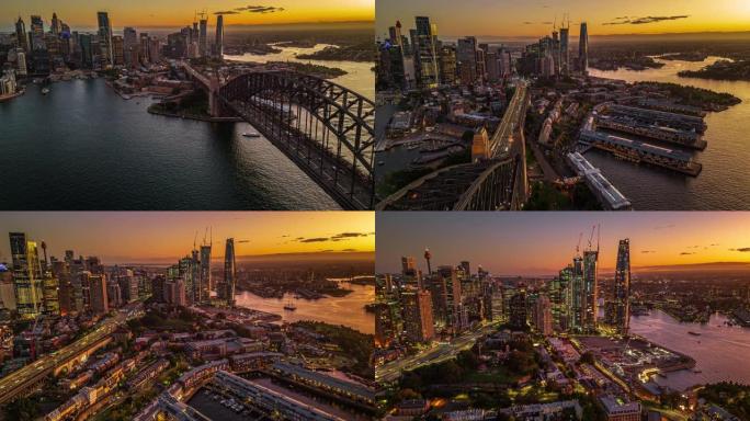 悉尼海港大桥、环形码头和悉尼大胆哈伯上空的4k鸟瞰图