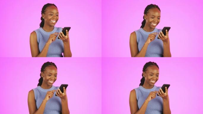 黑人妇女，电话滚动和年轻的z世代人在在线约会应用程序上滑动的幸福。手机，微笑和快乐的女性在一个孤立的