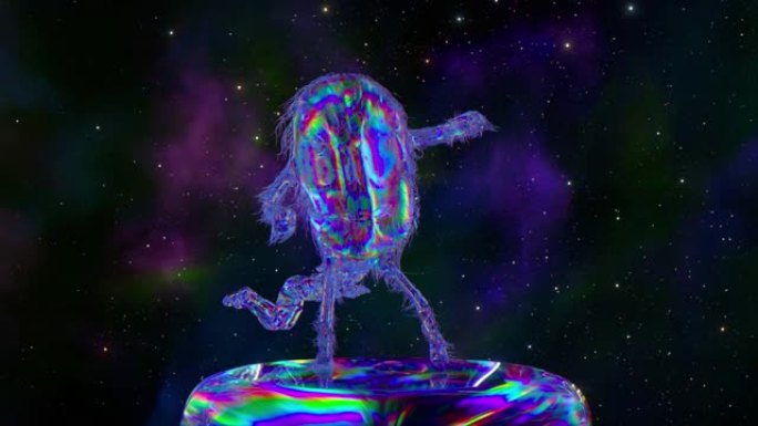 毛茸茸的钻石胶囊在太空背景下的平台上跳舞。一位钻石宇航员漂浮着。蓝色霓虹色。