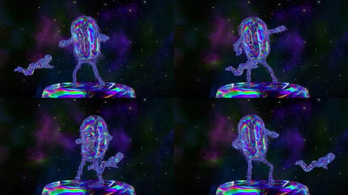 毛茸茸的钻石胶囊在太空背景下的平台上跳舞。一位钻石宇航员漂浮着。蓝色霓虹色。