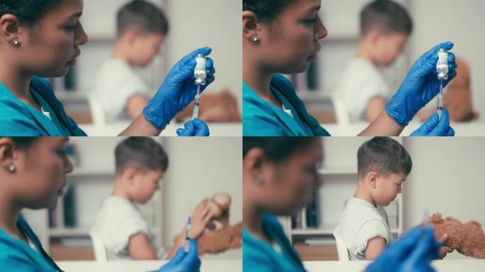 医生用注射器从安瓿中取出covid疫苗，进行儿童免疫接种