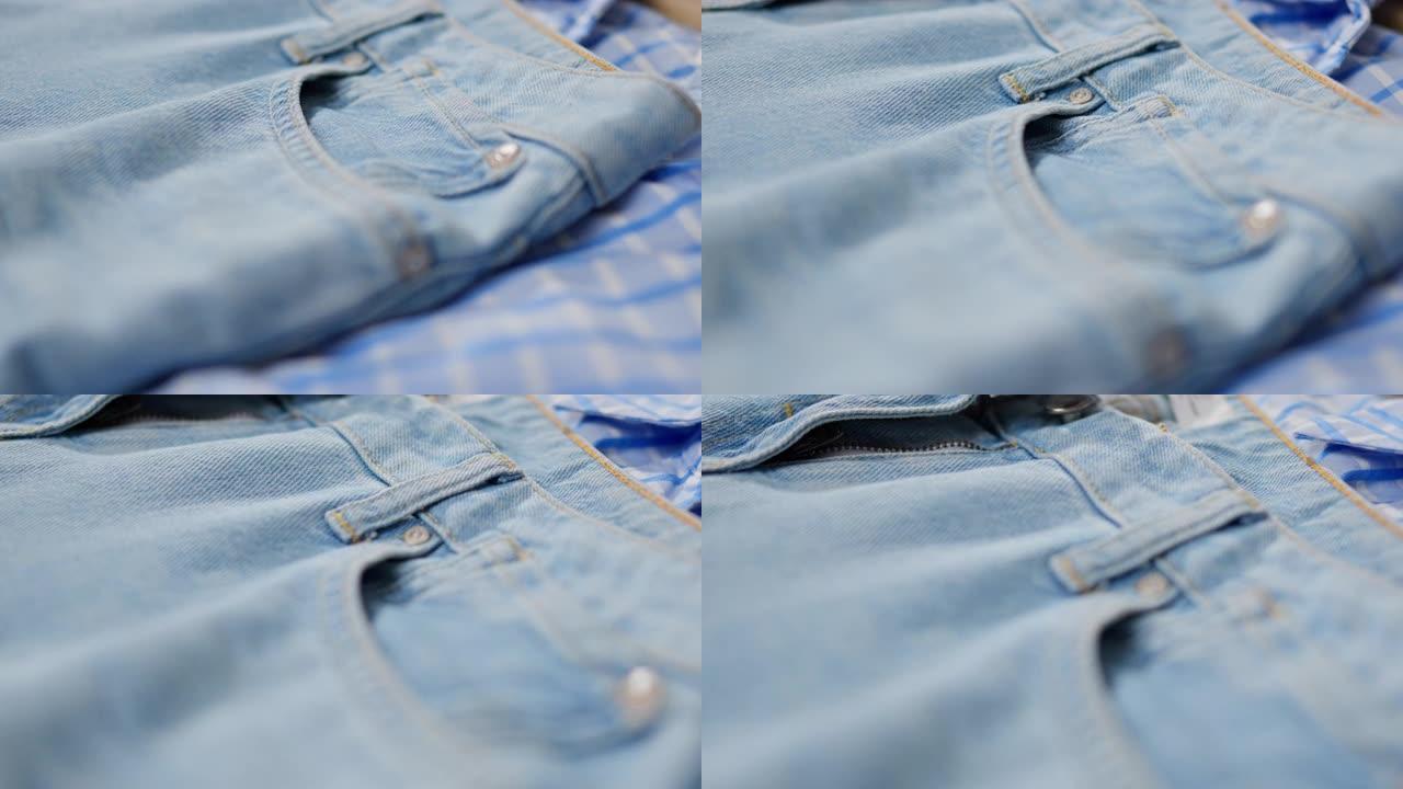 牛仔布材质的蓝色背景图片，相机平滑移动蓝色牛仔布