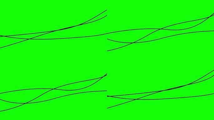 动画条纹。三个黑条。装饰线条。波浪逐渐改变形状。循环视频。孤立在绿色背景上的平面矢量插图。