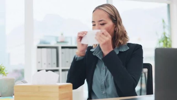 办公室、纸巾和女人在生病和从事公司项目时鼻涕。专业，花粉症和亚洲女性员工因工作场所的流感，感冒或过敏