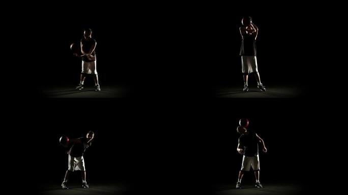 高清视频年轻冠军杂技篮球玩黑色背景自由泳