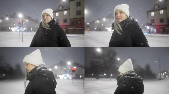 一个女人在雪地里过马路