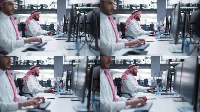 在技术办公环境中，一位中东工程师在台式计算机上工作的肖像。阿拉伯软件开发人员正在研究新的想法来解决技