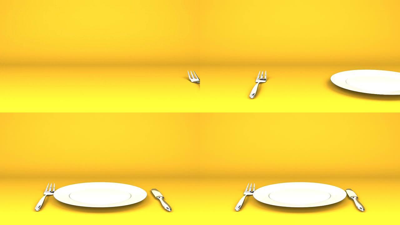 黄色文字空间上的餐具和盘子