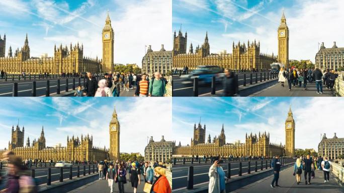 拥挤的人们在大本钟与议会大厦和英国伦敦威斯敏斯特桥一起散步和观光的时间流逝