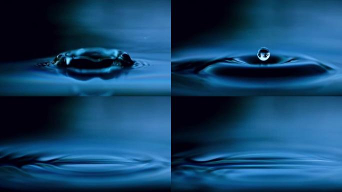极端近距离液滴掉落并溅到蓝色水面上