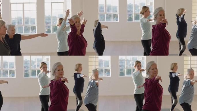 瑜伽课老年妇女锻炼健康生活方式练习战士姿势享受工作室集体健身锻炼