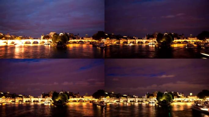 黄昏时的巴黎河塞纳河与游船