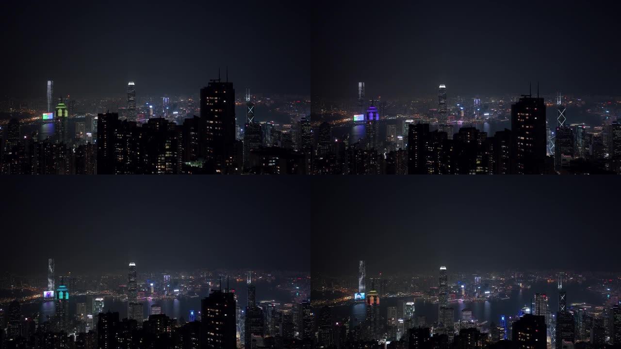 在夜晚飞向香港的城市景观