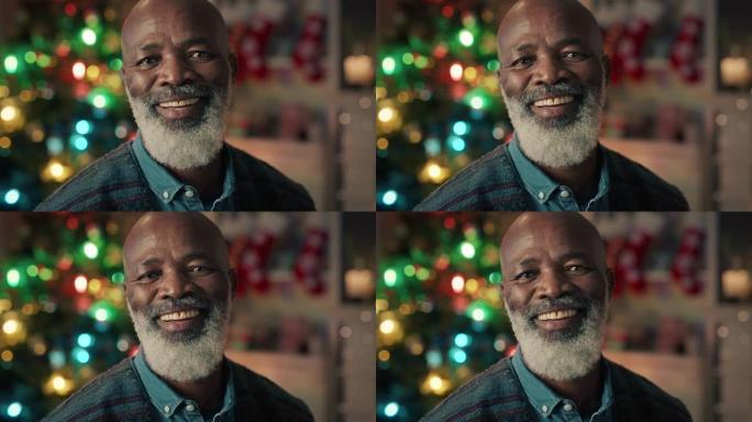肖像非裔美国人老人微笑着在家庆祝圣诞节，享受节日节日4k