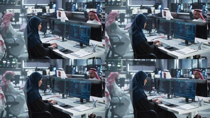 在研究中心工作的中东多元文化男女小组，合作开展在线项目，使用计算机编写软件代码，开发人工智能服务