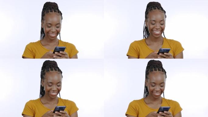 黑人妇女，在工作室背景上打电话和打字，嘲笑技术上的模因和社交媒体帖子。快乐的女模特，智能手机和手机应