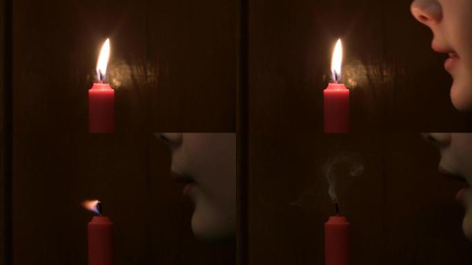 女孩熄灭燃烧的蜡烛。