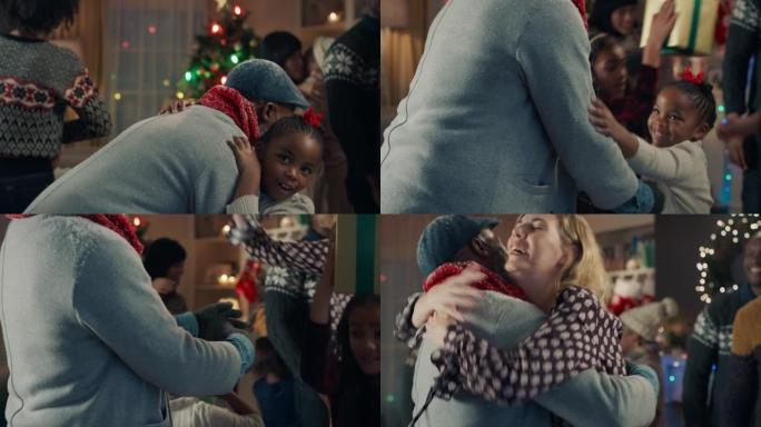 非裔美国祖父母圣诞节来访祖父拥抱家人和朋友送礼物在冬天晚上在家享受节日庆祝活动4k镜头