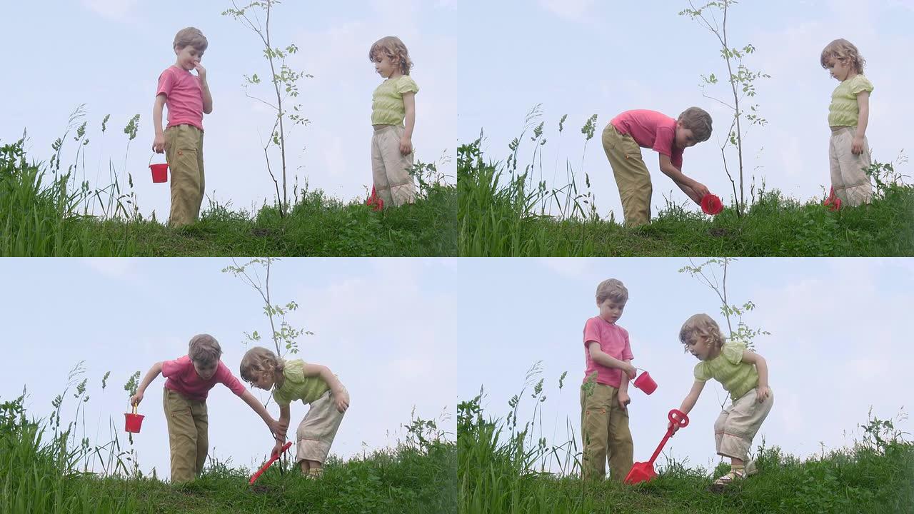 男孩和女孩用铲子谈论植物