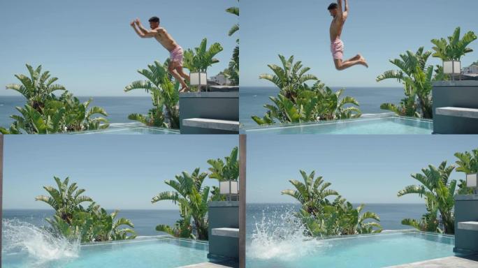年轻人跳进豪华酒店的游泳池玩得开心暑假，享受温暖阳光明媚的热带度假胜地游泳，美丽的海景地中海旅游4k