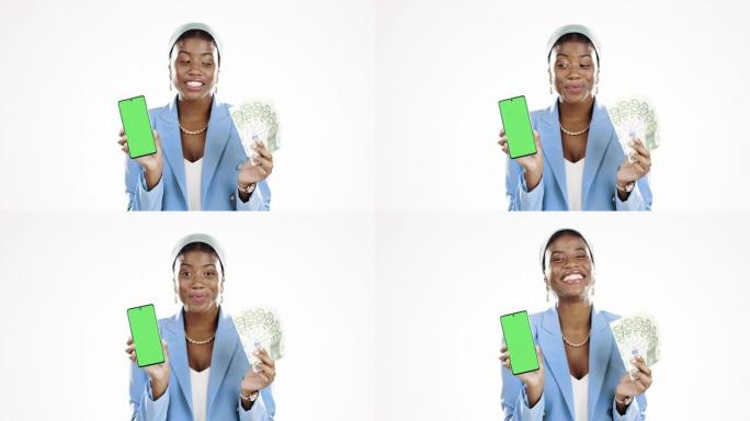 电话，现金和绿屏，一名黑人女性彩票中奖者在工作室里被隔离在白色背景上。金钱，应用程序和金融，女性持有