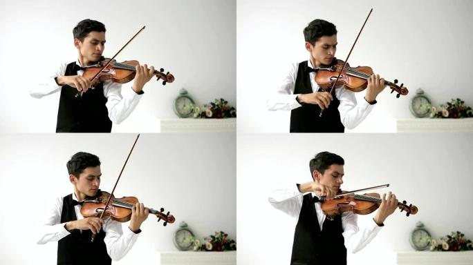 白色背景上的拉丁裔小提琴家。