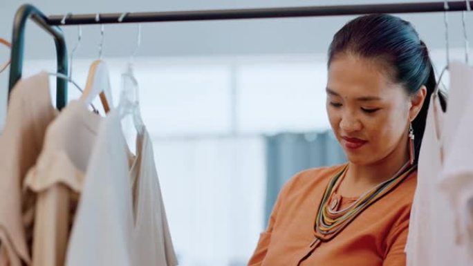 时尚、设计师和购物与亚洲女性在商店选择，创意或小企业。零售，精品店和面料与女孩的质量保证，决策或供应