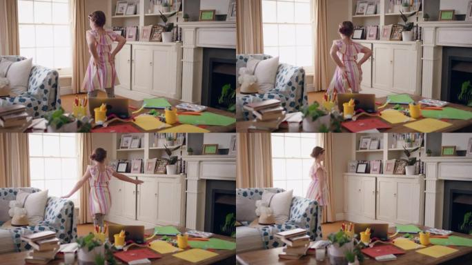 快乐的小女孩在家里跳舞，玩得很开心，玩得很开心，享受童年穿着彩色连衣裙4k