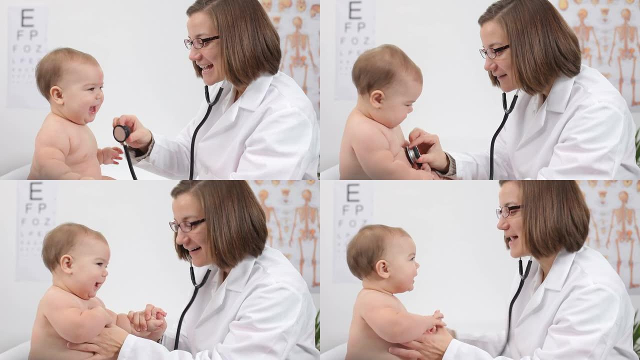儿科医生用听诊器检查婴儿的心脏