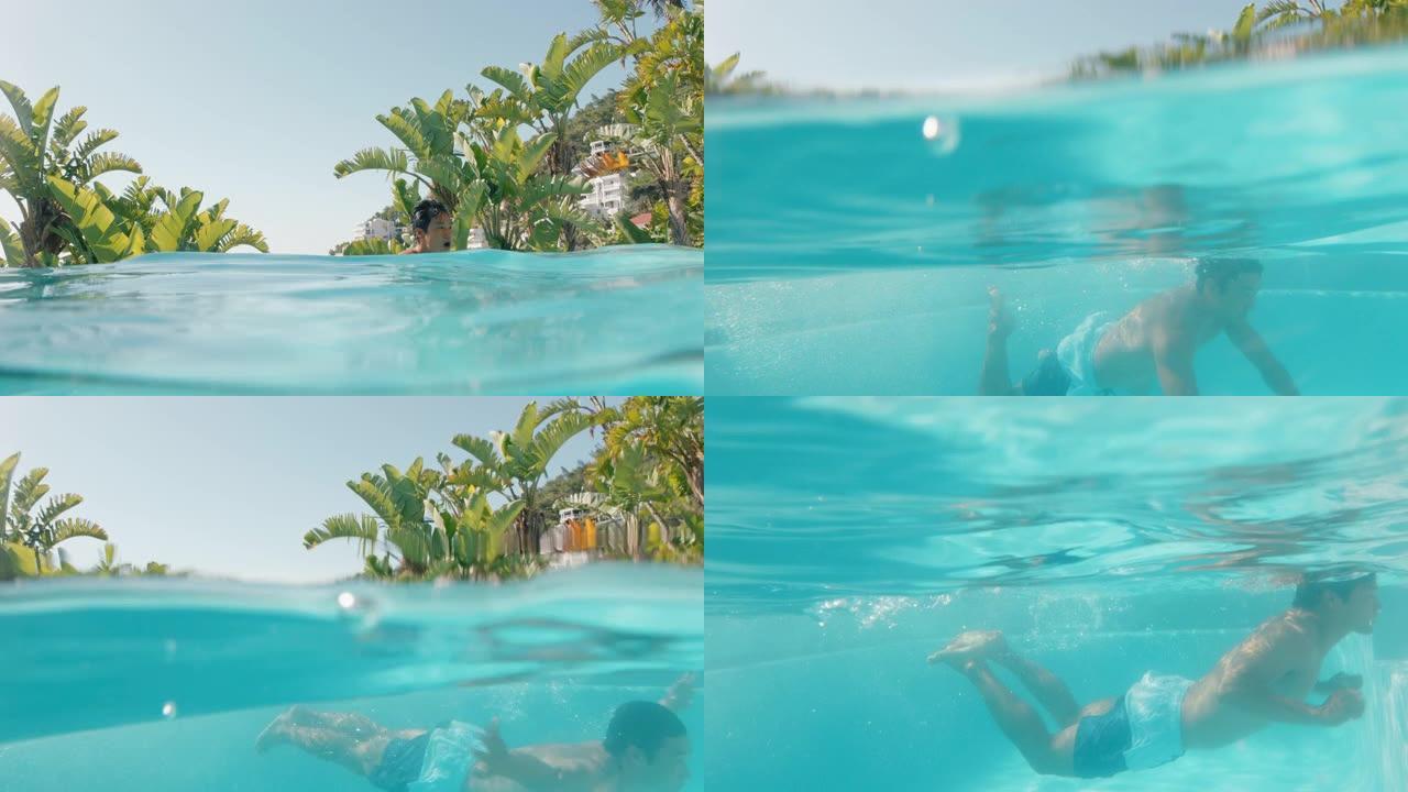 迷人的亚洲男子在豪华酒店度假村游泳池游泳，享受在凉爽的水中游泳，在旅游假期4k放松美丽的夏日
