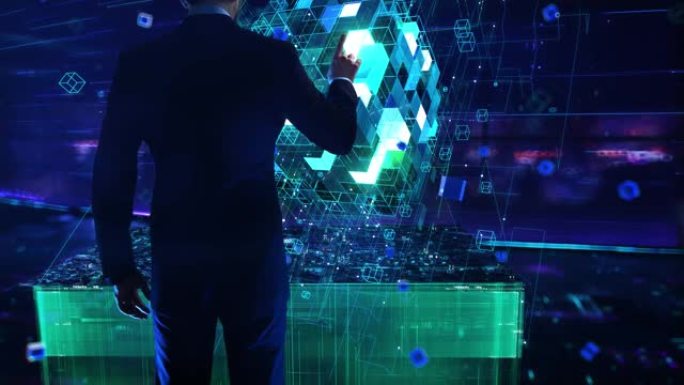 智能数据-商人在夜间办公室工作和触摸增强虚拟现实。