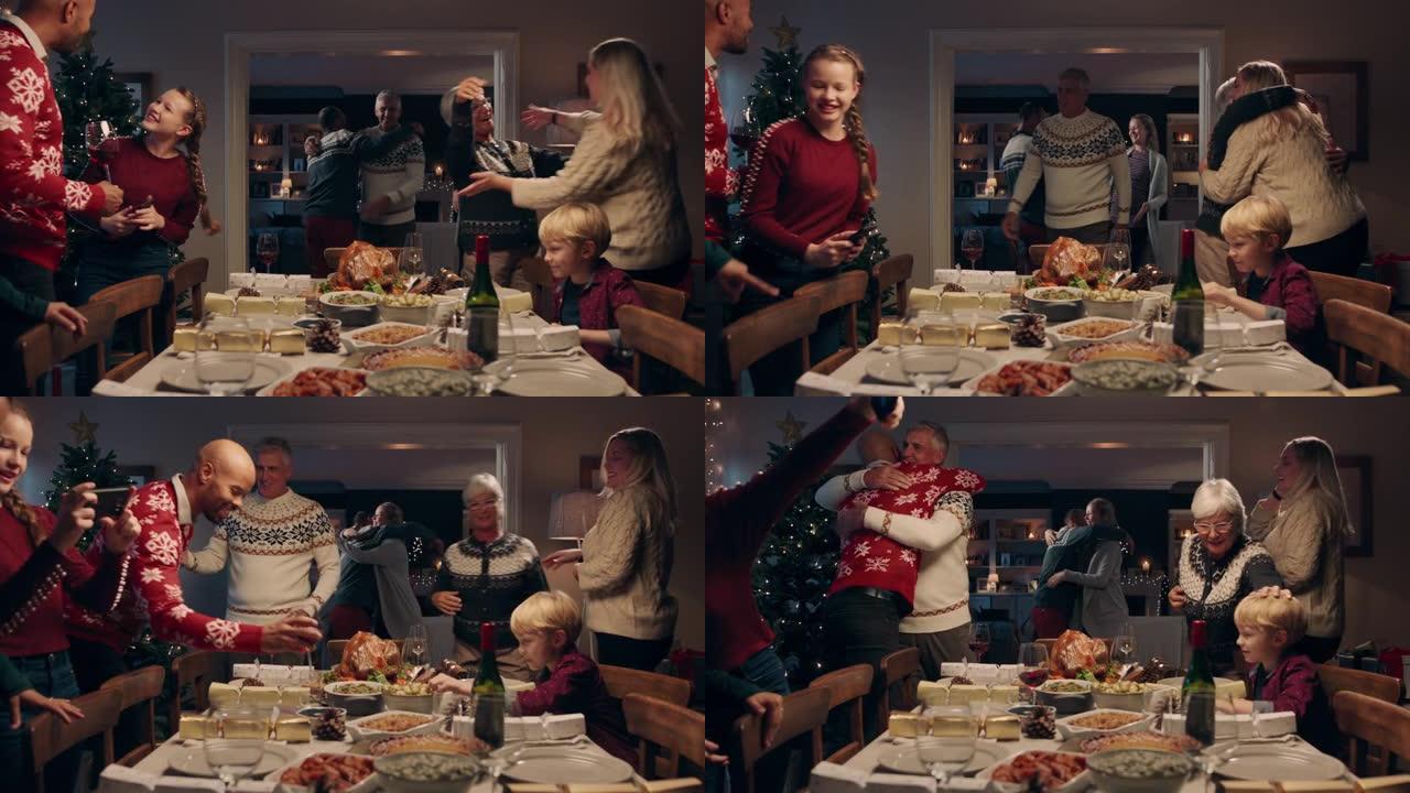 圣诞家庭拥抱到来参加晚宴，庆祝节日团圆，朋友们在家里享受季节问候4k镜头