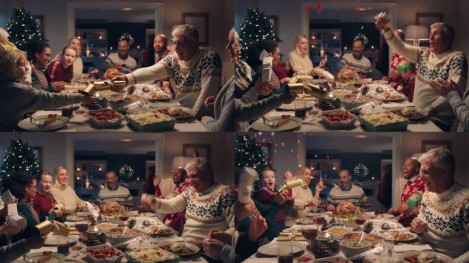 快乐家庭圣诞晚宴用饼干庆祝与朋友分享自制盛宴在家享受有趣的节日庆祝之夜4k镜头