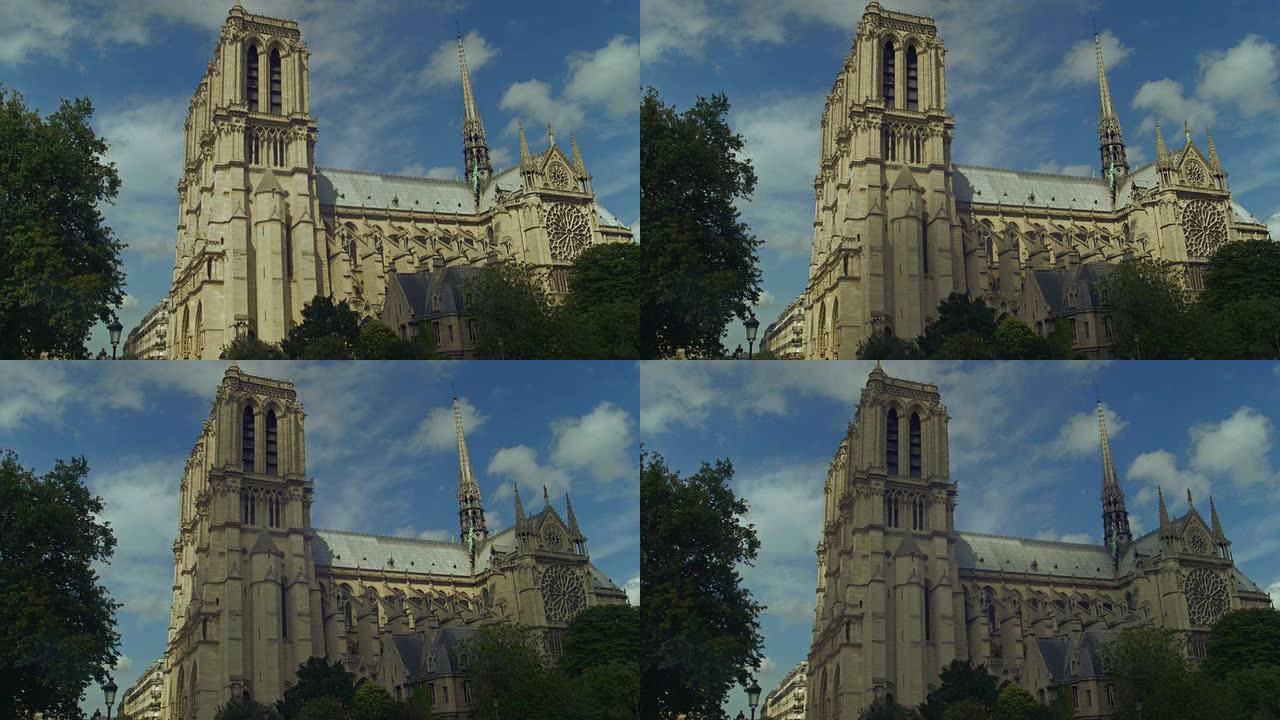 巴黎圣母院的侧景，巴黎，云变暗的建筑