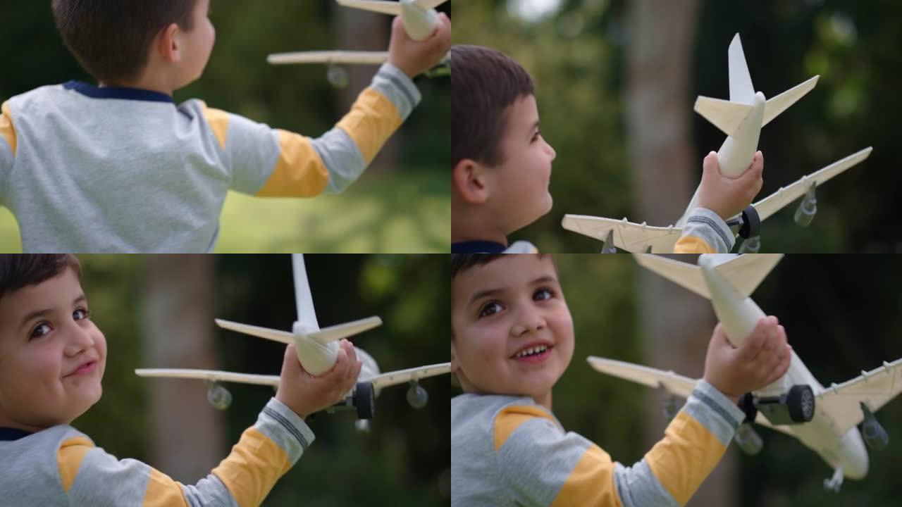 小男孩玩玩具飞机快乐的孩子玩游戏跑步想象旅行自由在阳光明媚的公园享受童年4k户外乐趣