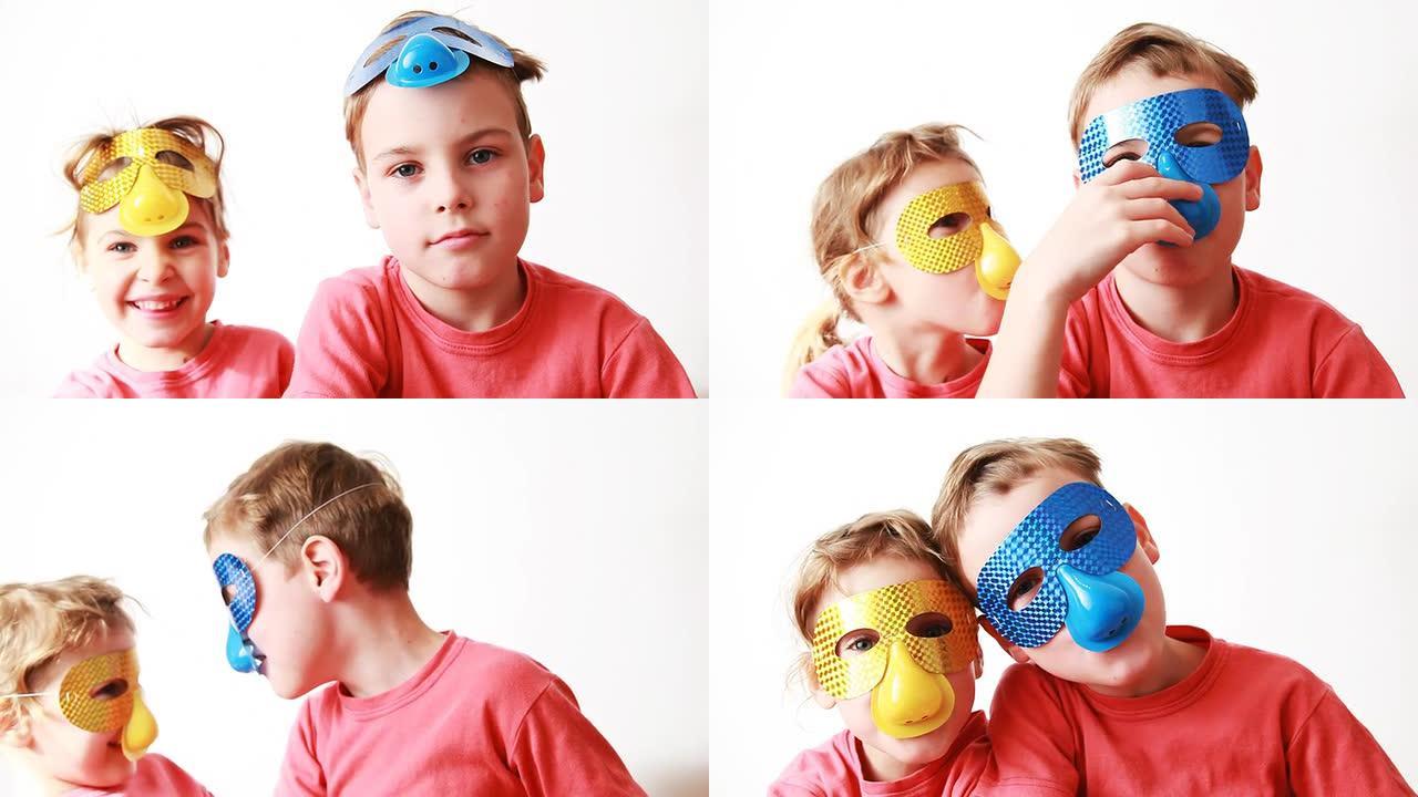 男孩和女孩在人身上放下面具