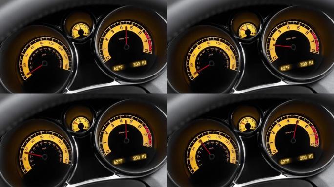 3D动画中黄色仪表板上的汽车加速