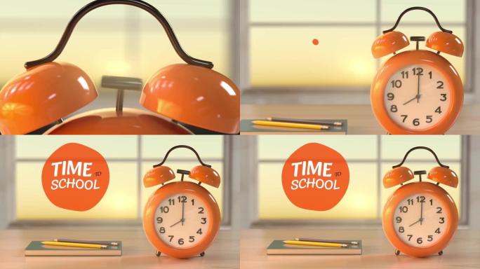 闹钟动画多色。上学时间用闹钟和彩色铅笔元素放在木桌上，用于教育信息装饰。