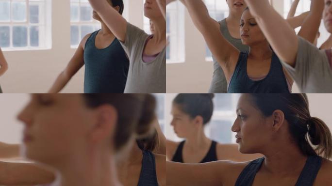 瑜伽课肖像孕妇混血女子练习战士与教练教学姿势组享受健康生活方式在健身工作室锻炼