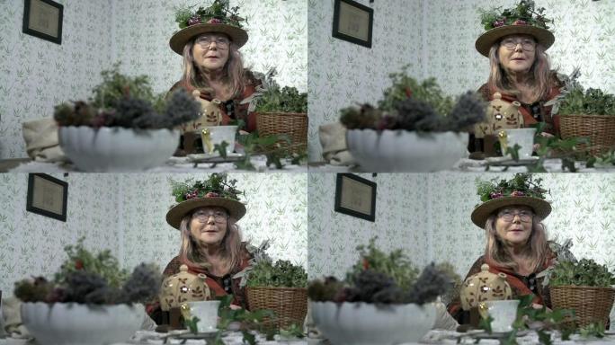 高清慢速: 桌子上被植物包围的奶奶的平底锅
