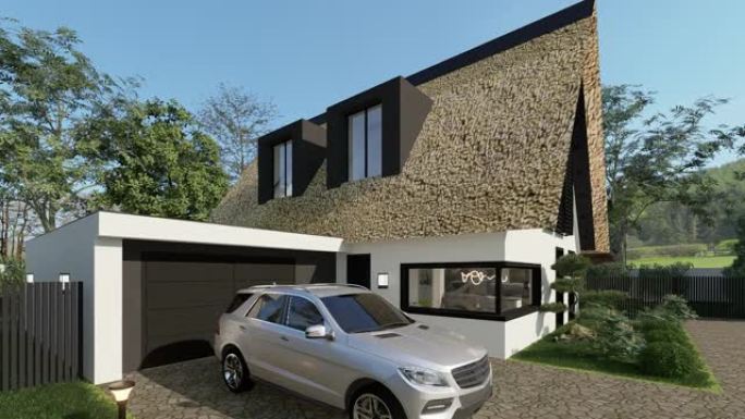 现代房屋外观与茅草屋顶3D动画。