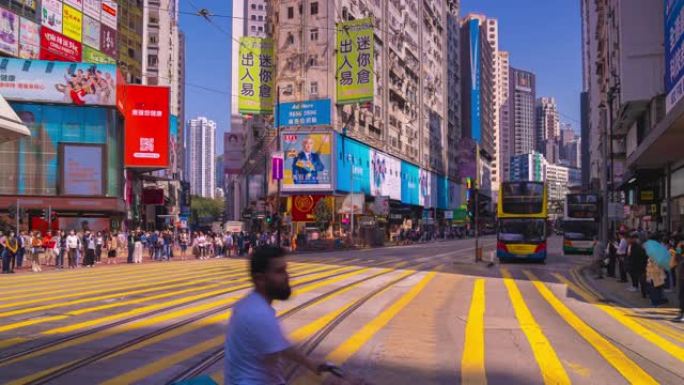 延时香港城市街，人十字路口