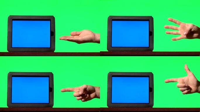 男子展示带有蓝屏和手势的数字平板电脑