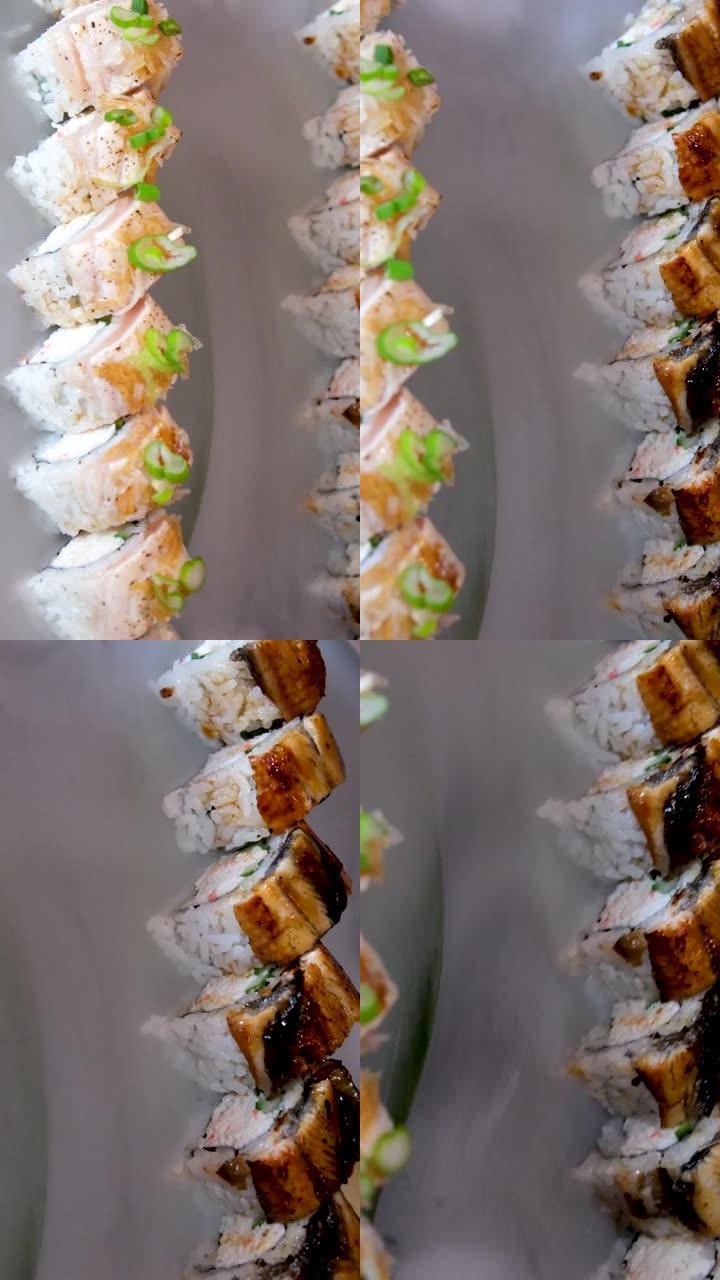 美味的餐厅亚洲食物寿司盘配干冰鳗鱼金枪鱼套装包围整个空间为文字广告寿司服务菜单厨师课程寿司制造商特写