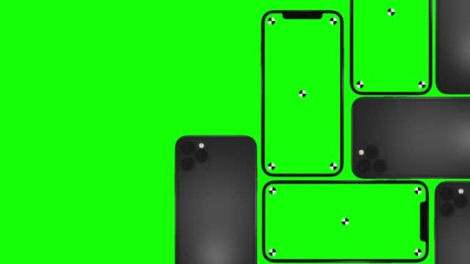 品牌标识、ui设计演示和手机模型。绿屏背景下绿屏智能手机组的平面设计。