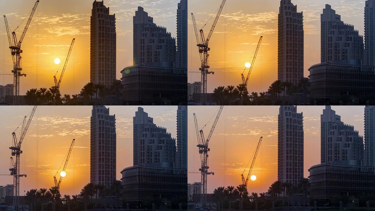 阿拉伯联合酋长国迪拜哈利法塔附近的日落