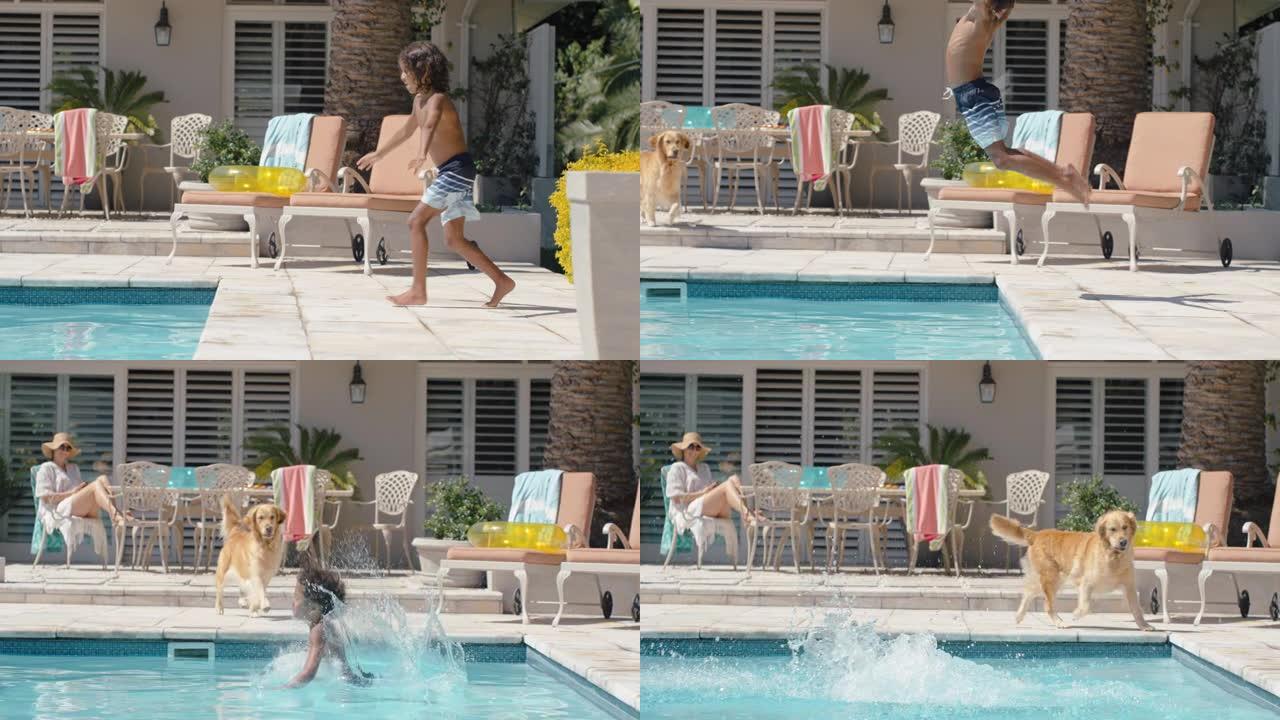 有趣的小男孩跳进游泳池，在阳光明媚的日子里享受凉爽的水，孩子玩得开心，暑假在度假屋游泳，兴奋的狗嬉戏