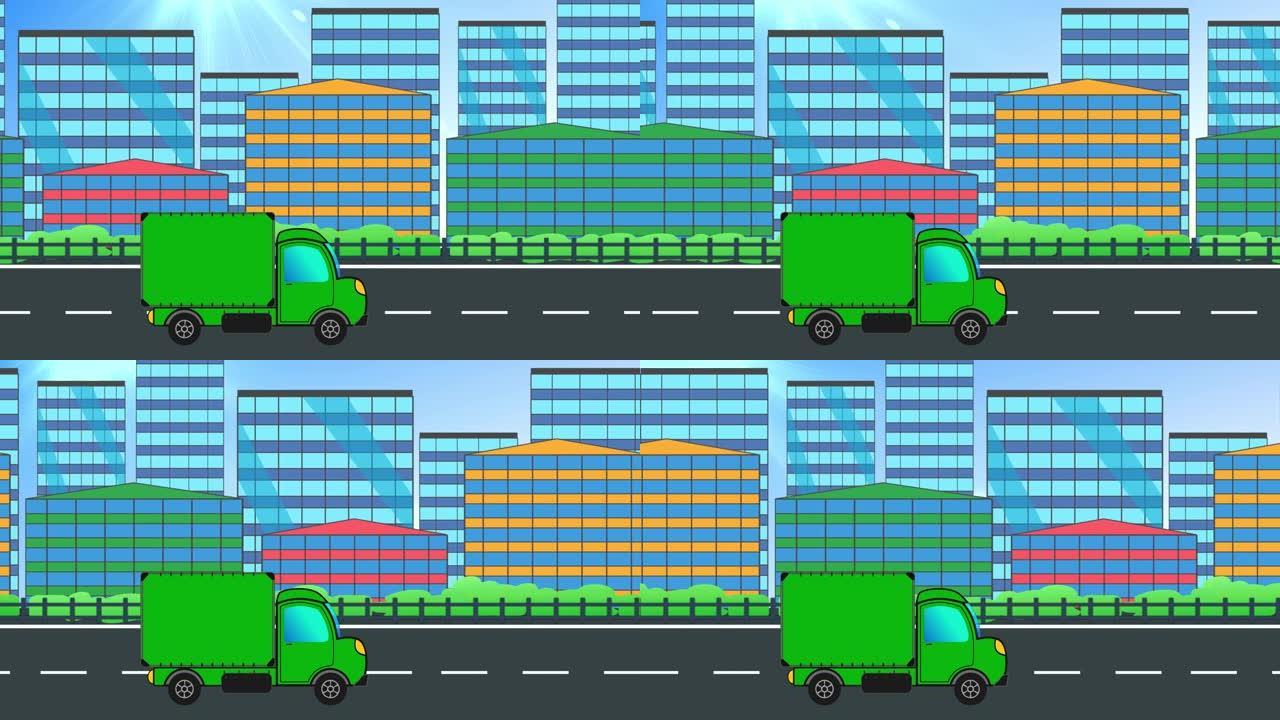 城市背景下的送货卡车动画。2D动画。绿色卡车2D动画。移动城市抽象背景。4K Tech. Stok视