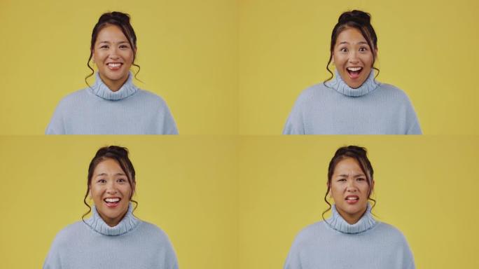 亚洲女人，兴奋和失望的脸肖像在工作室的黄色背景孤立的空间。女模特对表情符号感到困惑，并因坏消息或关于